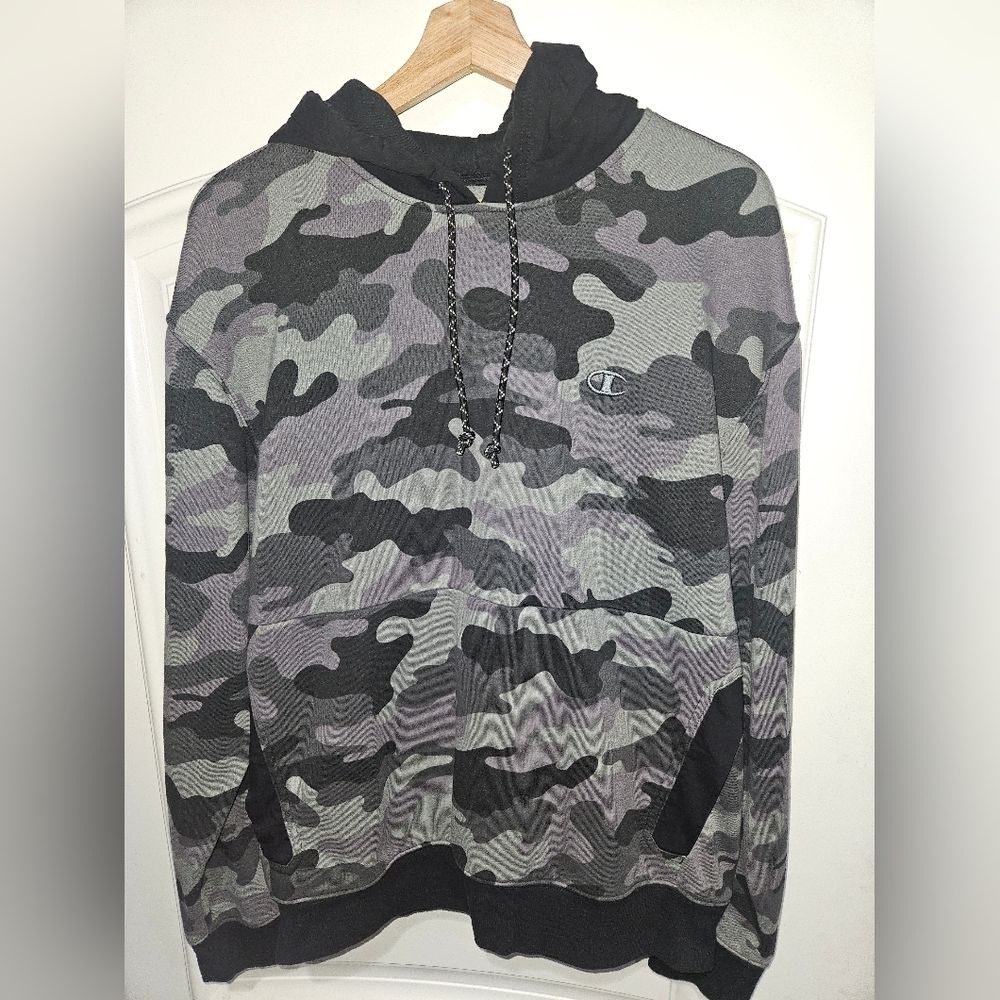 Champion Gray Camouflage Hoodie with Chain Accent